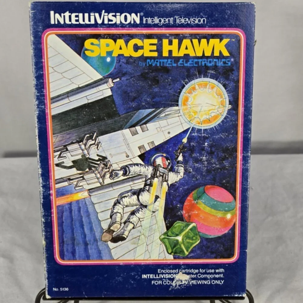 Space Hawk, Intellivision, Mattel 1981 Complete box overlays manual vintage Exc
